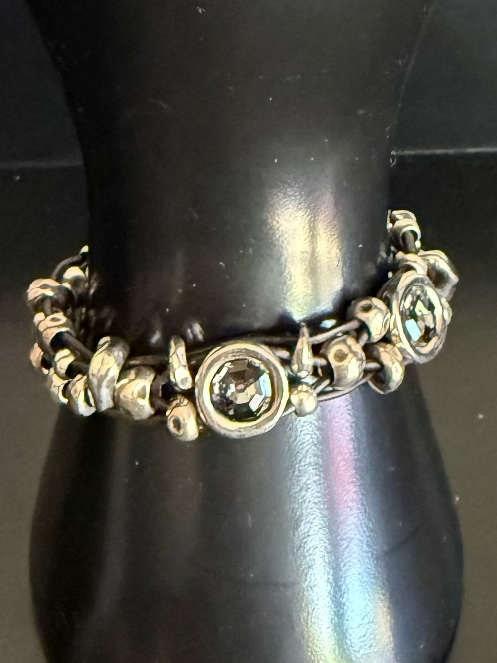 Artisan Leather Wrap Bracelet Silver Tone and Smokey Crystal Beads